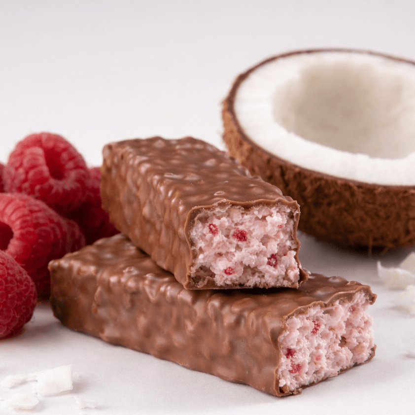 Barre crémeuse croustillante arôme framboise noix de coco Low Carb - Mincidelice