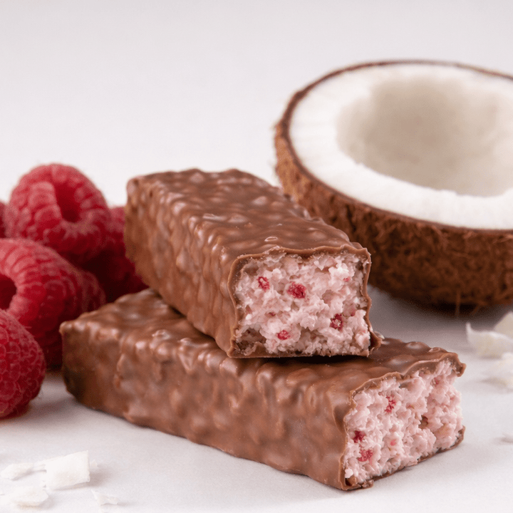 Barre crémeuse croustillante arôme framboise noix de coco Low Carb - Mincidelice